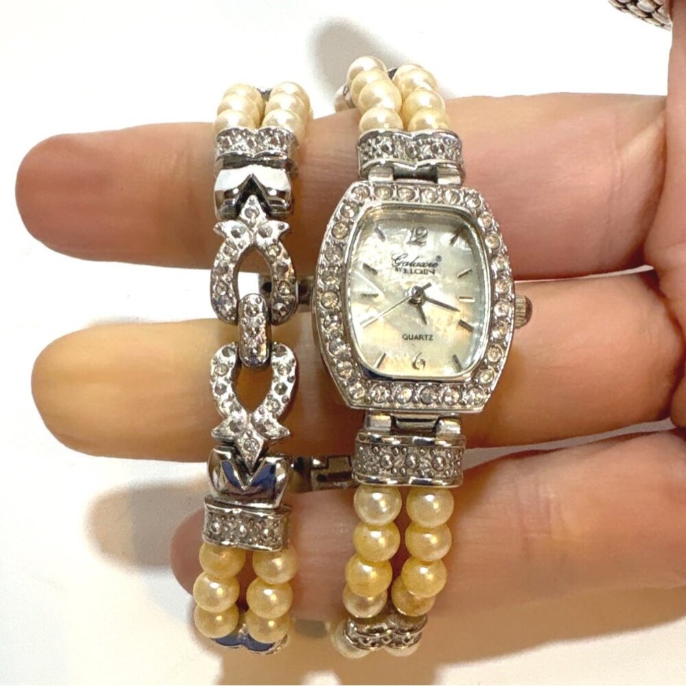Vintage Ladies Pearl & Rhinestone Quartz Watch With Double Strand Bracelet‎